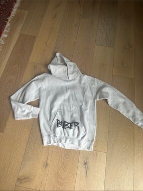 Justin Bieber White Crewneck Hoodie with Black Logo